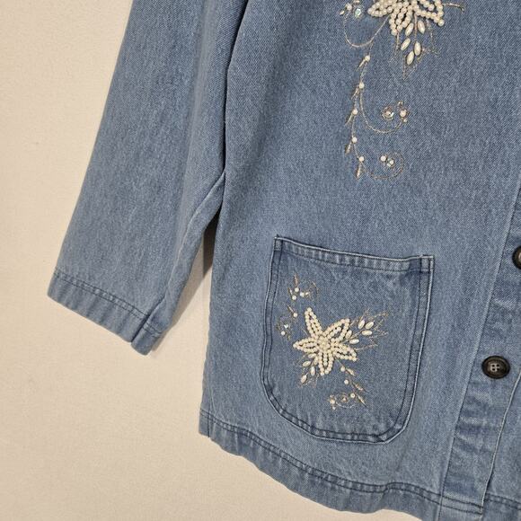 VTG Denim Jean Jacket Shacket Sz M Blue Silver Embroidery Pearls Pockets Boho - Picture 4 of 15